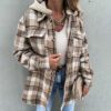 Causal Hooded Plaid Loose Jacket Women Office Lady Khaki Pocket Button Top Coat Autumn Female Fashion Coat Jacket 2021 in Jackets