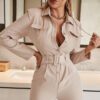Office Ladies Pocket Long Sleeve Jumpsuit Women Elegant Fashion Buttons Apricot Playsuit With Belt Casual Overalls 2021 in Jumpsuits