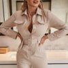 Office Ladies Pocket Long Sleeve Jumpsuit Women Elegant Fashion Buttons Apricot Playsuit With Belt Casual Overalls 2021 in Jumpsuits