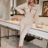 Office Ladies Pocket Long Sleeve Jumpsuit Women Elegant Fashion Buttons Apricot Playsuit With Belt Casual Overalls 2021 in Jumpsuits
