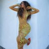 Summer 2021  Women Clothing Striped Printed Midi Skirt High Collar Temperament Commuter Long Sleeve Mid Waist Classic Dress in Dresses