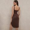 Deep V Strap Brown High Waist Temperament Commuter Sexy Midi Dress Solid Color Pleated Fishbone Evening Dress in Dresses