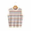 Street Hipster Rainbow Bar Pattern Knitted Vest Early Autumn Women New Loose Figure Flattering round-Neck Blouse in Sweater Vests