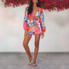 21  Autumn New  Printed V-neck Puff Sleeve Long Sleeve Lace-up Fashion Casual Set Women in Short Sets