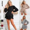 New Fashion Fall Women  Clothing Solid Color Sexy Backless Lantern Long Sleeve Jumpsuit Ruffled Culottes in Rompers