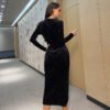 2021 Autumn and Winter Women Sexy V-neck Long Sleeve Pleated Waist Tight Split Starry Sky Printed Gold Velvet V-neck Dress Multi-Color in Dresses