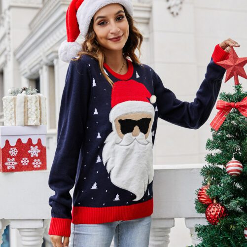 2021 New Cute Christmas Old Man Head Knitted Sweater round Neck Pullover Loose Christmas Sweater for Women in Sweaters