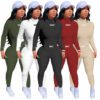 Women Clothing Body Alphabet Embroidery Long-Sleeved Trousers Turtleneck Suit Solid Color Rib Fabric Two-Piece Set for Women in Pant Sets
