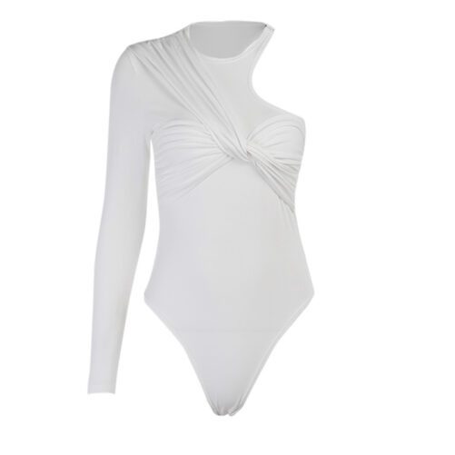 Style  Tight Half Sleeves Jumpsuit Autumn New Sexy One-Shoulder Pleated Jumpsuit in Bodysuits