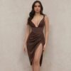 Deep V Strap Brown High Waist Temperament Commuter Sexy Midi Dress Solid Color Pleated Fishbone Evening Dress in Dresses