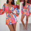 21  Autumn New  Printed V-neck Puff Sleeve Long Sleeve Lace-up Fashion Casual Set Women in Short Sets
