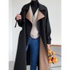 Elegant Stitching Contrast Color Trench Coat Women Mid-Length over-the-Knee Large Lapel Fashion Waist-Controlled Overcoat in Trench Coats
