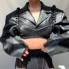 2021 Autumn Fashion Trend Women New Long Sleeve Lapel Bare Midriff Slim Fit Slimming PU Leather Shirt in Jackets
