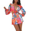 21  Autumn New  Printed V-neck Puff Sleeve Long Sleeve Lace-up Fashion Casual Set Women in Short Sets