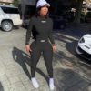 Women Clothing Body Alphabet Embroidery Long-Sleeved Trousers Turtleneck Suit Solid Color Rib Fabric Two-Piece Set for Women in Pant Sets
