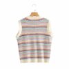 Street Hipster Rainbow Bar Pattern Knitted Vest Early Autumn Women New Loose Figure Flattering round-Neck Blouse in Sweater Vests