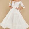 Women Embroidered Off The Shoulder White Ruffle Maxi Dresses Boho Long Dress Eyelet Embroidery in Dresses