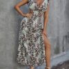 Women Hollow Out Backless High Split Sexy Dress Leaf Print V Neck Holiday Beach Maxi Dress Fashion Chic Dress Vestidos in Dresses