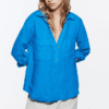 2022 Summer New Three-Color Slub Cotton Long-Sleeved Shirt Mid-Length Pullover Top in Shirts & Blouses