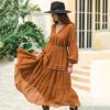 Bohemian Batch V-neck Long Sleeve Chiffon High Waist Slimming Dress Women  Style Vacation Skirt in Dresses