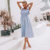 Vintage Striped Women Long Dress Ruffle Linen Blue Elegant Summer Dress Casual Cotton Fashion Female Beach Vestidos in Dresses