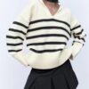 Autumn Women Urban Casual Sailor Collar Striped Sweater in Sweaters