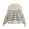 Style Autumn Winter Women＇s Clothing Striped Splicing Knitwear Zip-up Turtleneck Loose Sweater in Sweaters
