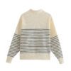 Style Autumn Winter Women＇s Clothing Striped Splicing Knitwear Zip-up Turtleneck Loose Sweater in Sweaters