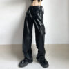 Graceful Personality Adult Lady like Woman Handsome Locomotive Style Leather Pants Metal Buckle Belt Loose Casual Straight Trousers in Pants
