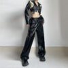 Graceful Personality Adult Lady like Woman Handsome Locomotive Style Leather Pants Metal Buckle Belt Loose Casual Straight Trousers in Pants