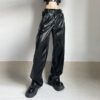 Graceful Personality Adult Lady like Woman Handsome Locomotive Style Leather Pants Metal Buckle Belt Loose Casual Straight Trousers in Pants