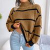 Autumn Winter Casual Striped Lantern Sleeve Half Turtleneck Knitted Sweater Women Clothing in Sweaters