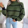 Autumn Winter Casual Striped Lantern Sleeve Half Turtleneck Knitted Sweater Women Clothing in Sweaters
