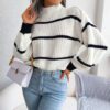Autumn Winter Casual Striped Lantern Sleeve Half Turtleneck Knitted Sweater Women Clothing in Sweaters