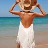 Sling Overskirt Seaside Vacation Pullover Solid Color Bohemian White Beach Dress in Dresses