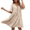 Spring Summer Women Loose Casual Dress 5 Point Sleeve Mid Length V neck Dress in Dresses