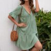 Spring Summer Women Loose Casual Dress 5 Point Sleeve Mid Length V neck Dress in Dresses