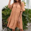 Spring Summer Women Loose Casual Dress 5 Point Sleeve Mid Length V neck Dress in Dresses