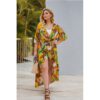 Plus Size Lace-up Waist-Tight Long Floral Print Trench Coat in Plus Size Cover Ups