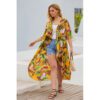 Plus Size Lace-up Waist-Tight Long Floral Print Trench Coat in Plus Size Cover Ups