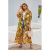 Plus Size Lace-up Waist-Tight Long Floral Print Trench Coat in Plus Size Cover Ups