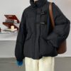 Button Stand Collar Solid Color Thick Coat in Puffer Coats