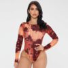 Round Neck Print Long Sleeves Tight Breasted Jumpsuit in Plus Size Bodysuits