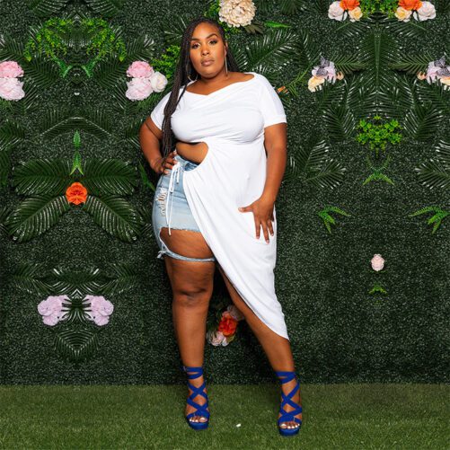 Plus Size Casual off-Shoulder Hollow Out Cutout out Strap Short Sleeve Dress Top in Plus Size Tops Tees