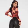Round Neck Print Long Sleeves Tight Breasted Jumpsuit in Plus Size Bodysuits