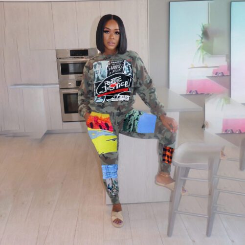Plus Size Camouflage Printing Casual Two Piece Set in Plus Size Pant Sets