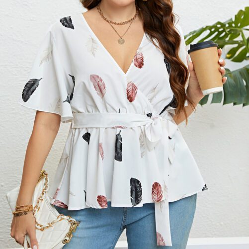 Plus Size White with Printed Pattern Cardigan Lace up Waist Controlled Blouse in Plus Size Shirts Blouses