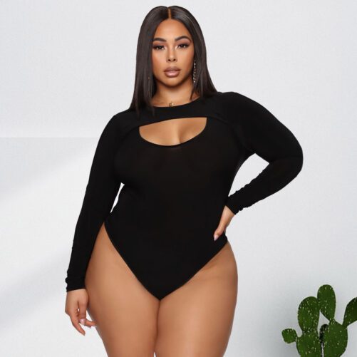 Plus Size Black Tight Sexy Hollow Out Cutout Jumpsuit in Plus Size Bodysuits