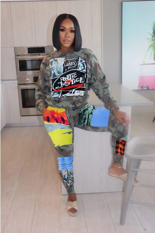 Plus Size Camouflage Printing Casual Two Piece Set in Plus Size Pant Sets