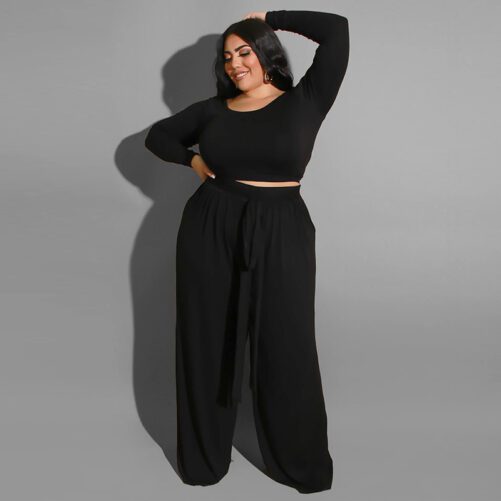 Plus Size Knitted Casual Two-Piece Suit in Plus Size Pant Sets